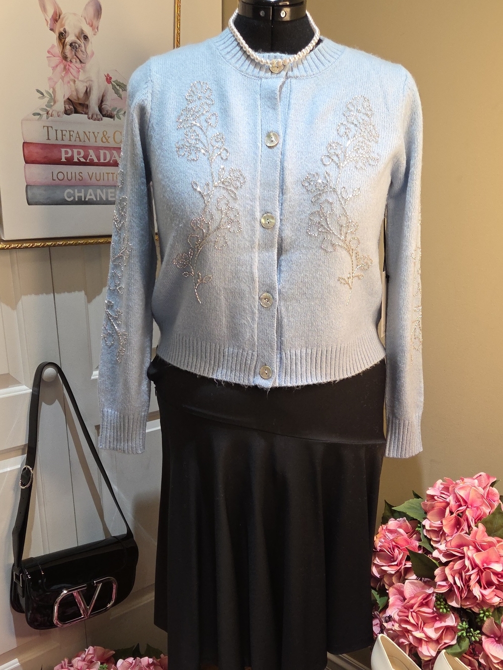 Rachel Zoe Light Blue Embroidered Crewneck Cardigan